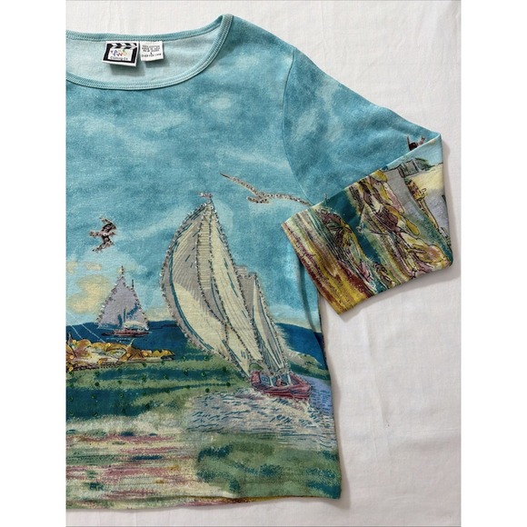 Take Two vintage 3/4 sleeve shirt cotton lighthouse sequins sailboats coastal L - Picture 3 of 16